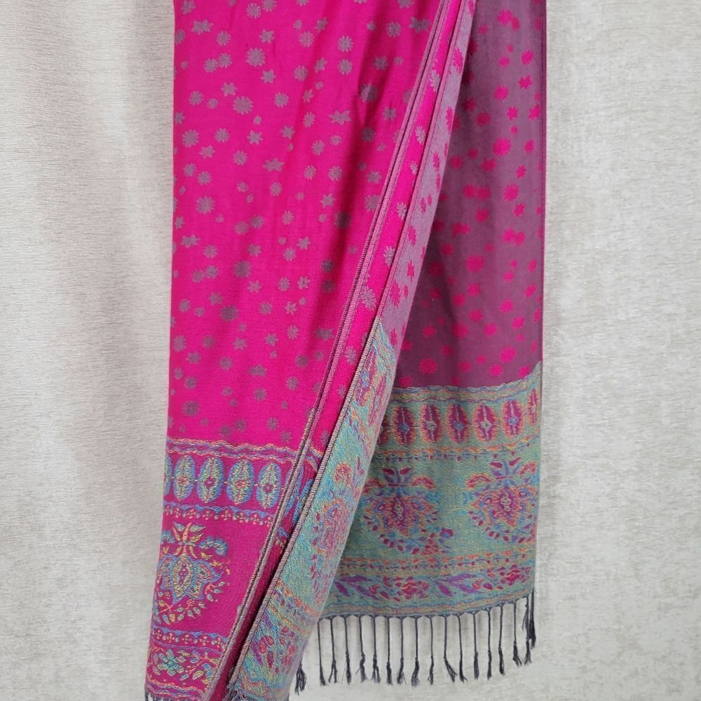 100% Cashmere Kani Shawl Scarf Vivid Pink Teal Blue with Fringe - Picture 11 of 12